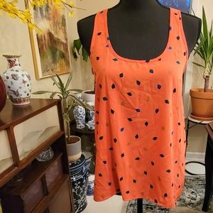 Eclair Salmon Pink Racerback Tank with Leaves Print & Hi-Lo Hem M